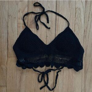 Black crochet halter top with lace trim and adjustable tie back